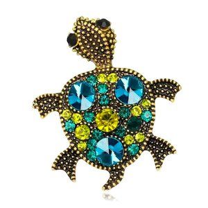 Cute Turtle Rhinestone Brooch Pin Stylish Sea Sparkle Glam Green Blue Gold Tone